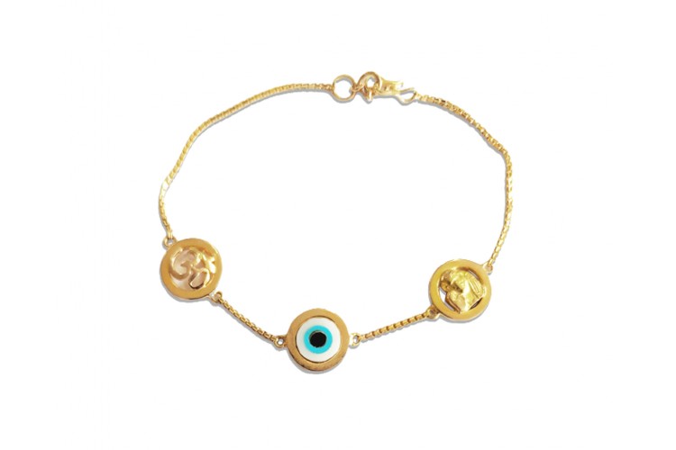 Om, Evil Eye and Sai Ram in gold bracelet
